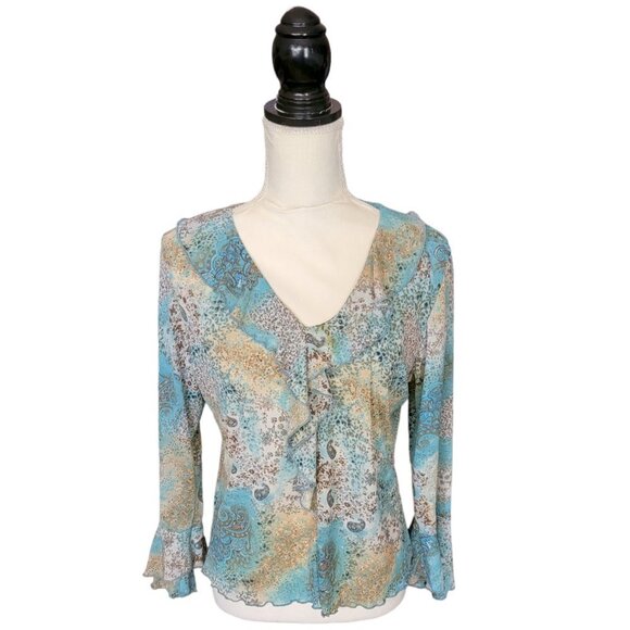 New York Design Company Teal Ruffled Long Sleeve Sheer Blouse in Size Large - Picture 1 of 4